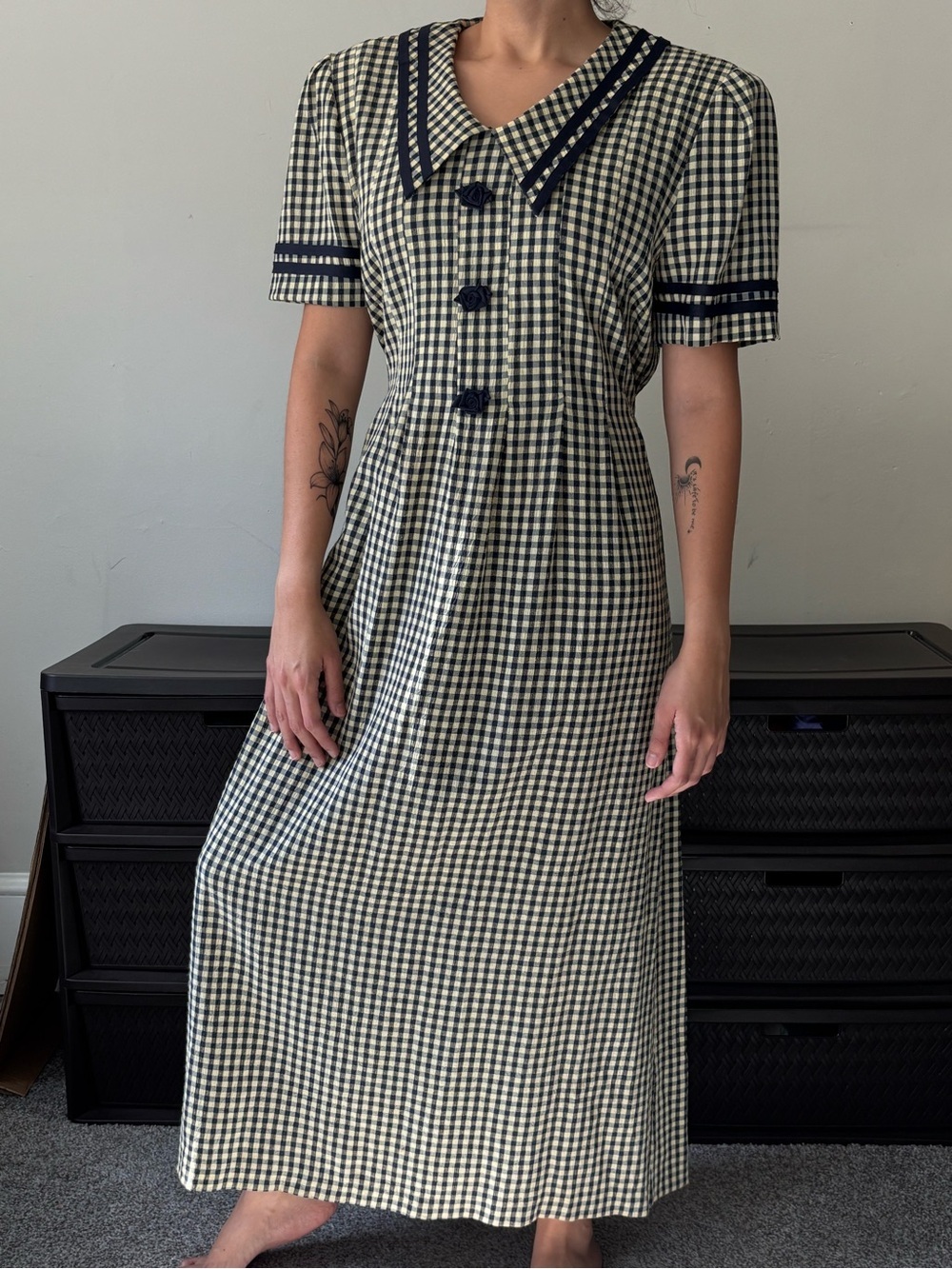 Vintage 80s Gingham Cottagecore Butter Yellow Retro Prairie Maxi Dress - Large